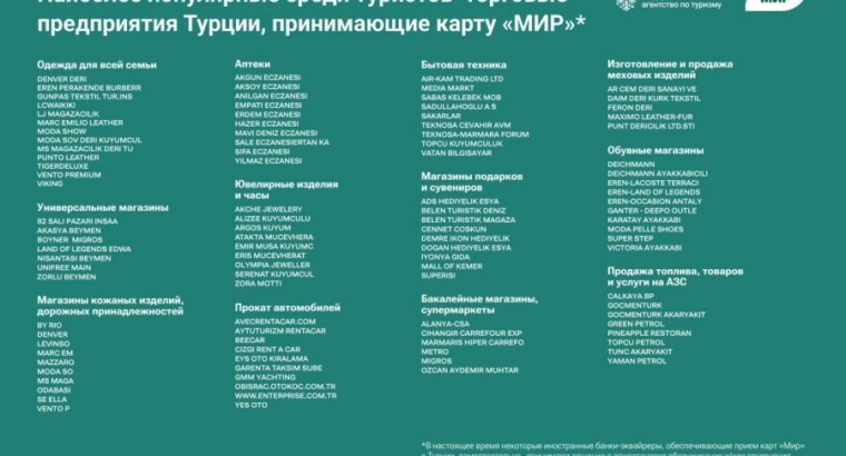 Ростуризм назвал магазины Турции, принимающие карты «Мир»